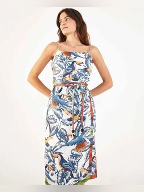 FARM Rio Flying Toucans Print Midi Dress - White, Blue, Orange
